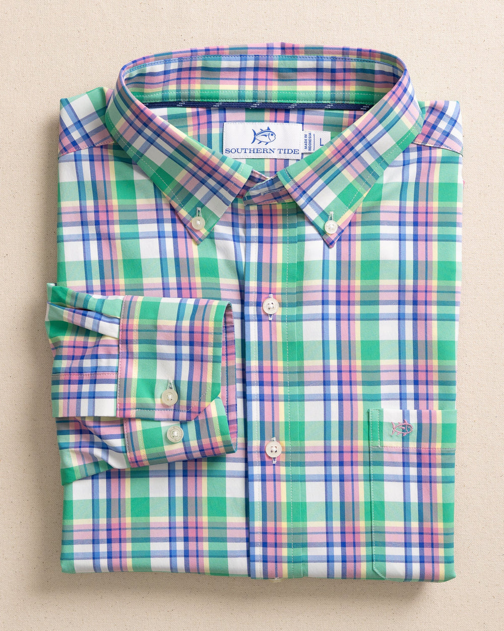 The front view of the Southern Tide Gaspee Plaid Intercoastal Sport Shirt by Southern Tide - Simply Green