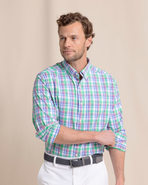 The front view of the Southern Tide Gaspee Plaid Intercoastal Sport Shirt by Southern Tide - Simply Green