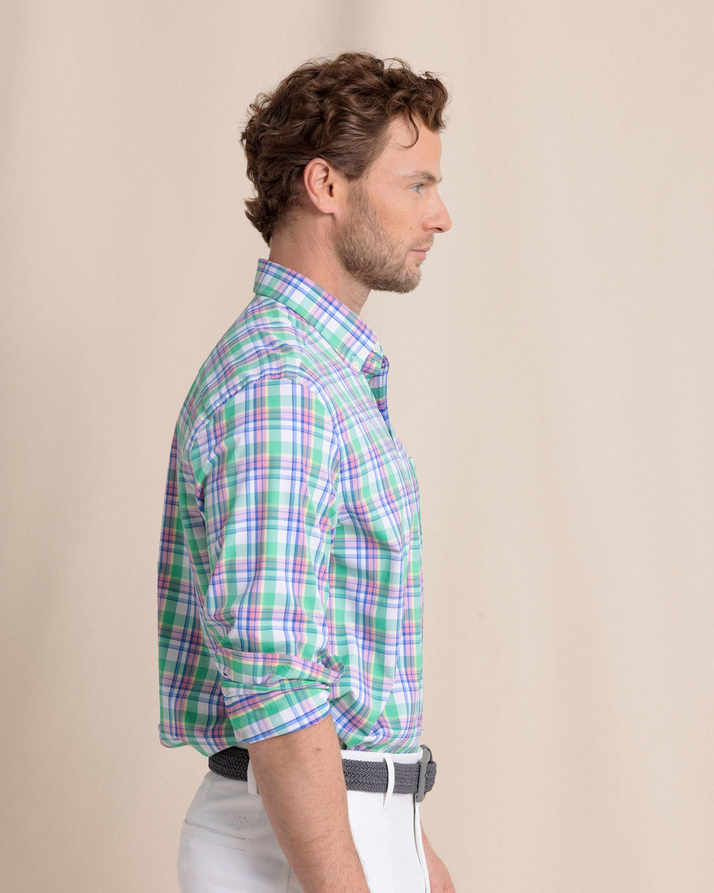 The side view of the Southern Tide Gaspee Plaid Intercoastal Sport Shirt by Southern Tide - Simply Green