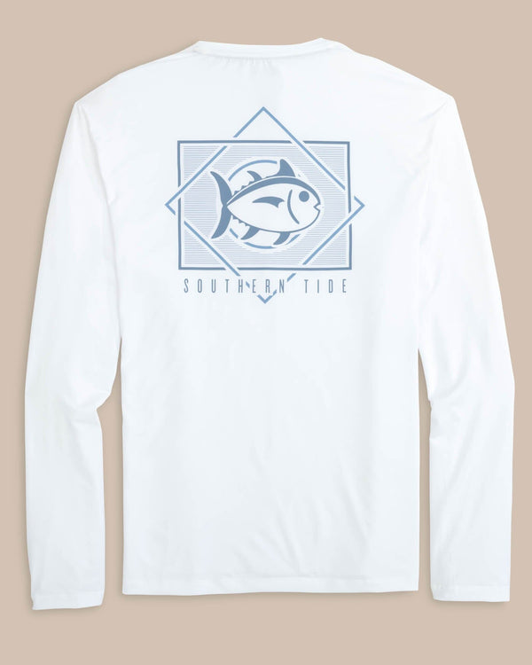 The back view of the Southern Tide Geometric Striped Long Sleeve Performance T-shirt by Southern Tide - Classic White