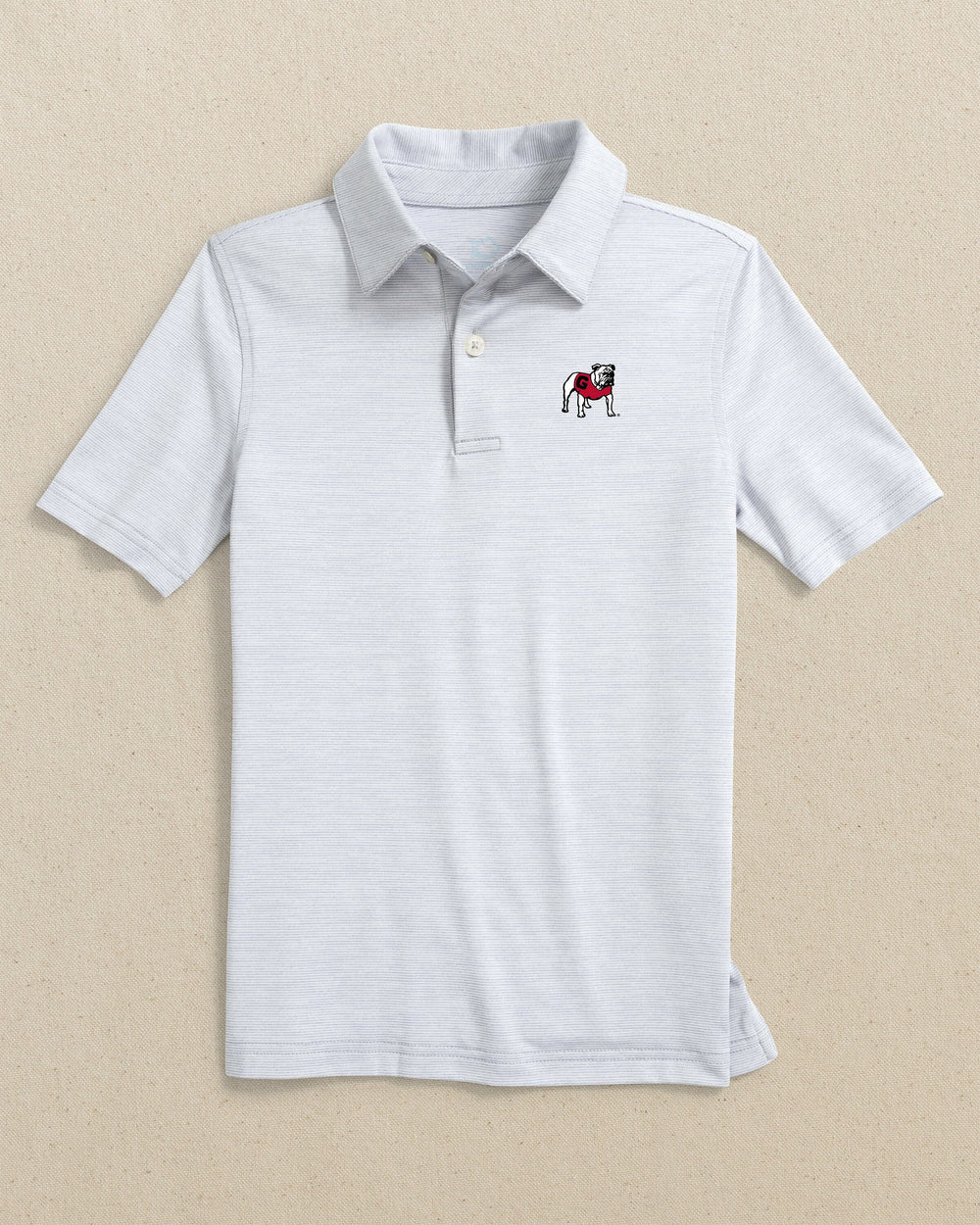 The front view of the Southern Tide Georgia Bulldogs Boys Driver Spacedye Polo Shirt by Southern Tide - Slate Grey