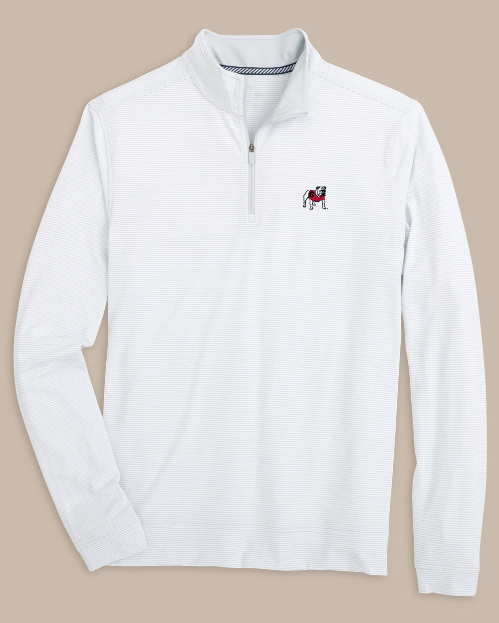 The front view of the Georgia Bulldogs Cruiser Micro-Stripe Heather Quarter Zip by Southern Tide - Heather Slate Grey