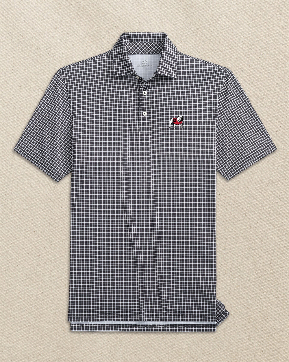 The front view of the Southern Tide Georgia Bulldogs Driver Dunes Edge Plaid Polo by Southern Tide - Black
