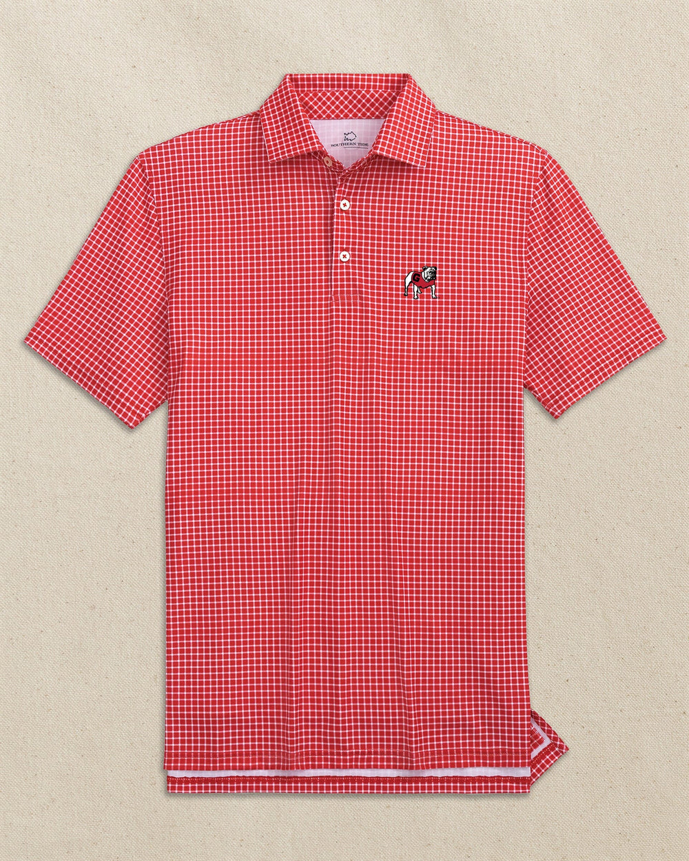 The front view of the Southern Tide Georgia Bulldogs Driver Dunes Edge Plaid Polo by Southern Tide - Varsity Red