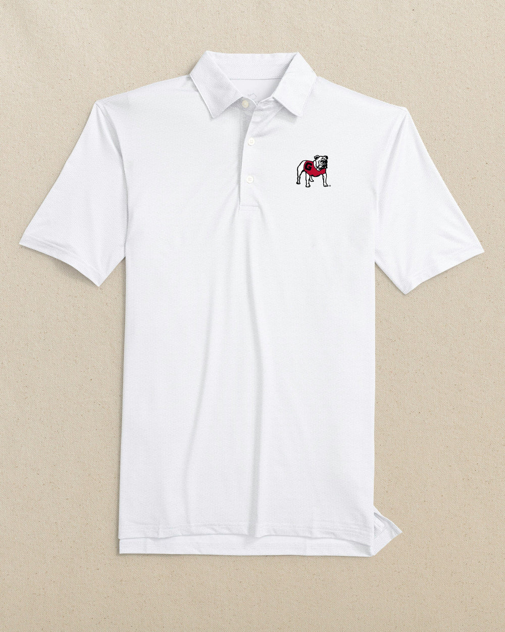The front view of the Southern Tide Georgia Bulldogs Driver ST Geo Printed Polo by Southern Tide - Classic White
