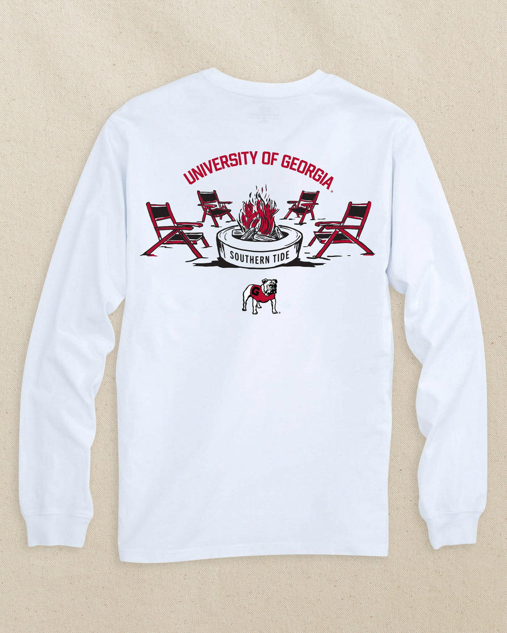 The back view of the Southern Tide Georgia Bulldogs Gameday Bonfire Long Sleeve T-Shirt by Southern Tide - Classic White