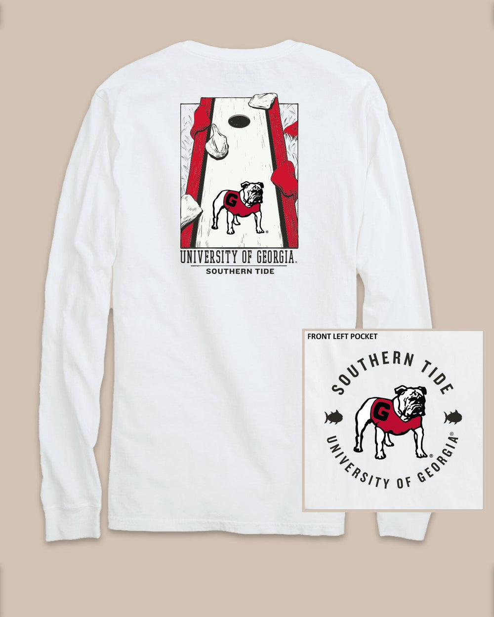 The back view of the Georgia Bulldogs Gameday Cornhole Board T-Shirt by Southern Tide - Classic White