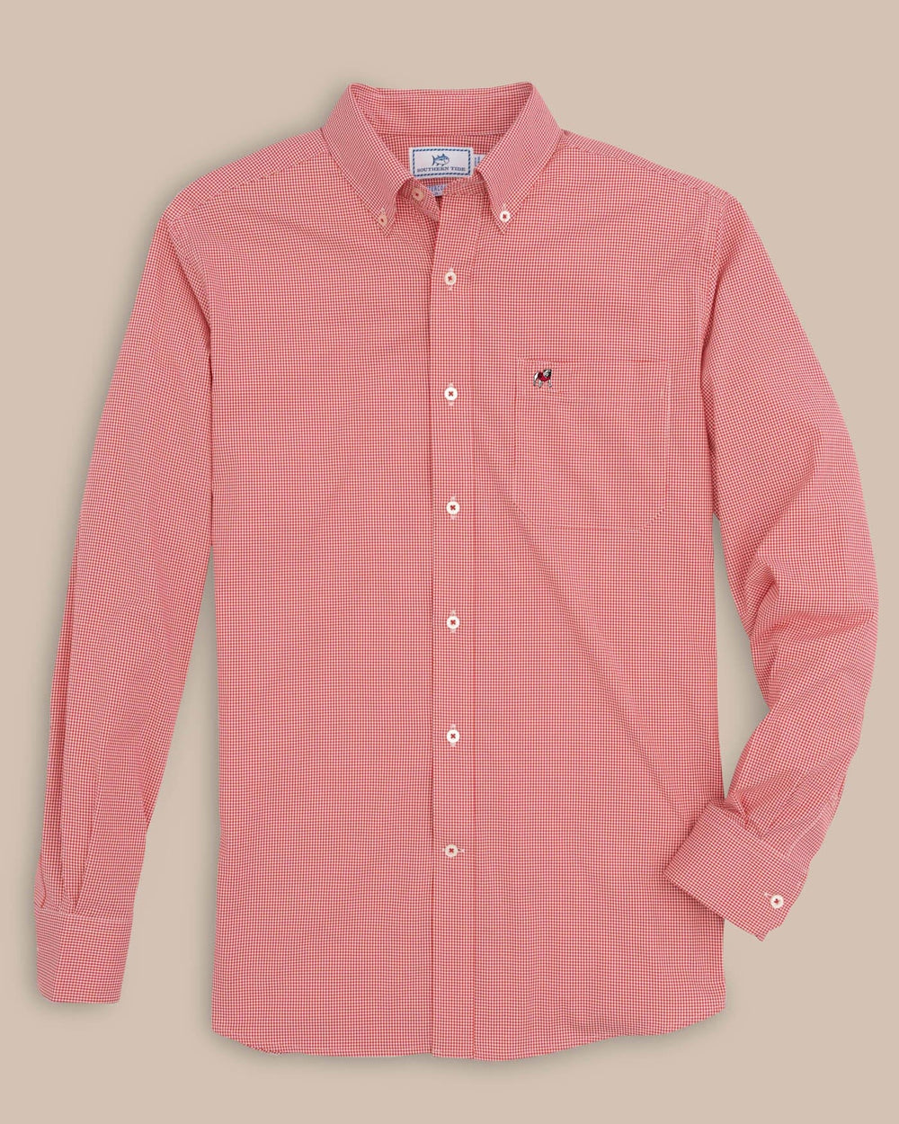 The front view of the Men's Red Georgia Bulldogs Gingham Button Down Shirt by Southern Tide - Varsity Red