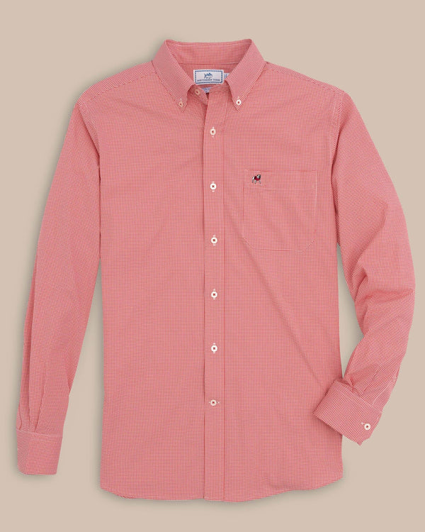 The front view of the Men's Red Georgia Bulldogs Gingham Button Down Shirt by Southern Tide - Varsity Red