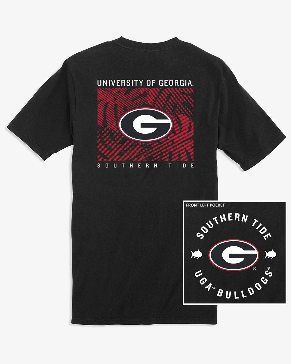 The back view of the Southern Tide Georgia Bulldogs Oval G Halftone Monstera T-Shirt by Southern Tide - Black