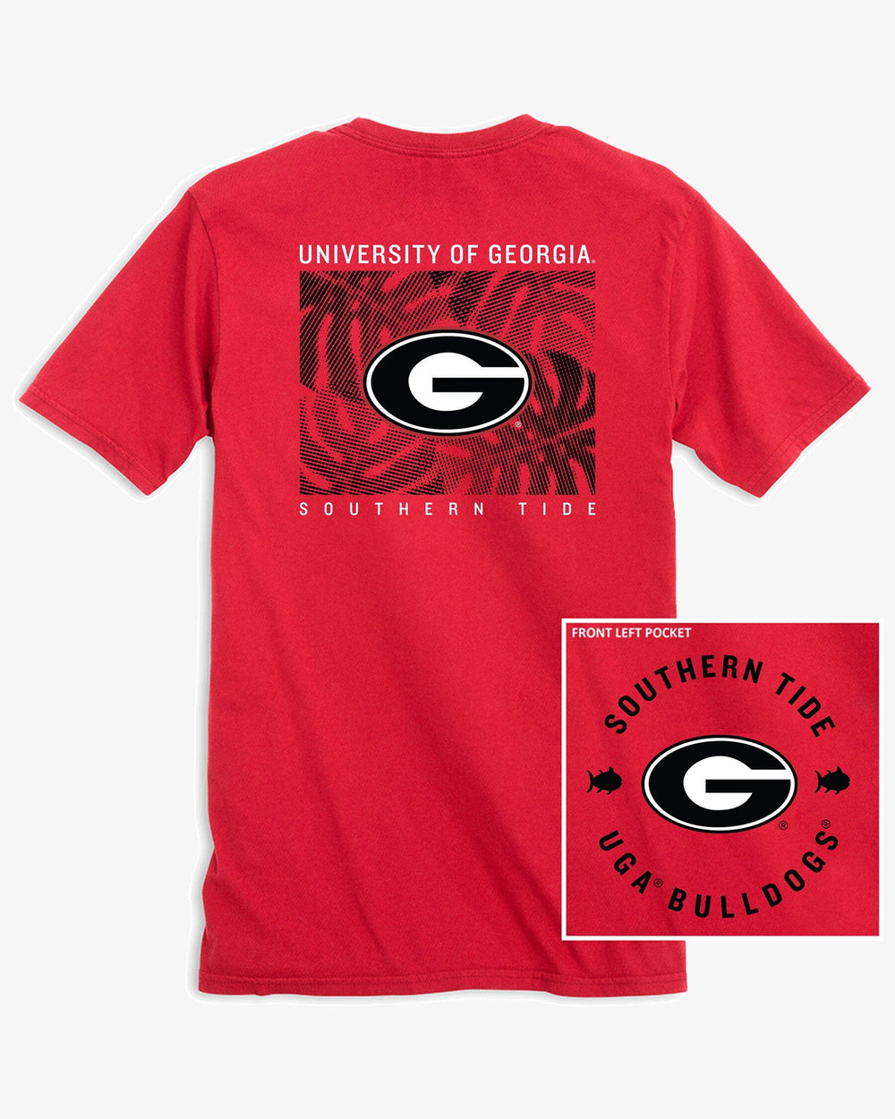 The back view of the Southern Tide Georgia Bulldogs Oval G Halftone Monstera T-Shirt by Southern Tide - Varsity Red