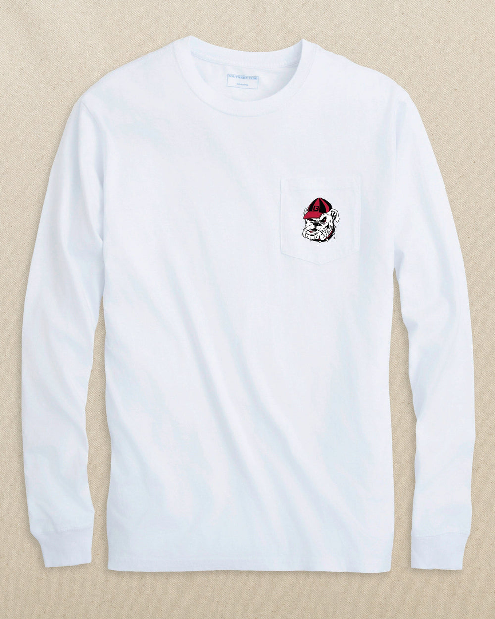 The front view of the Southern Tide Georgia Bulldogs Head Embroidered Long Sleeve T-Shirt by Southern Tide - Classic White