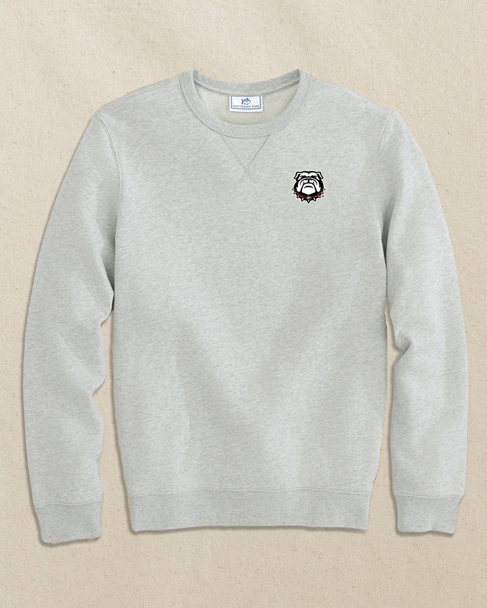 The front view of the Southern Tide Georgia Bulldogs Head Upper Deck Pullover Sweatshirt by Southern Tide - Heather Slate Grey