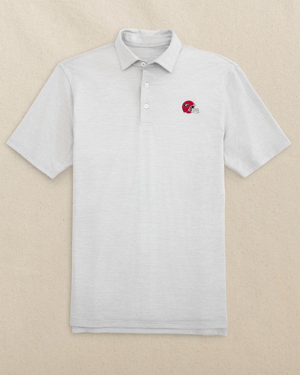 The front view of the Southern Tide Georgia Bulldogs Helmet Driver Spacedye Polo by Southern Tide - Slate Grey