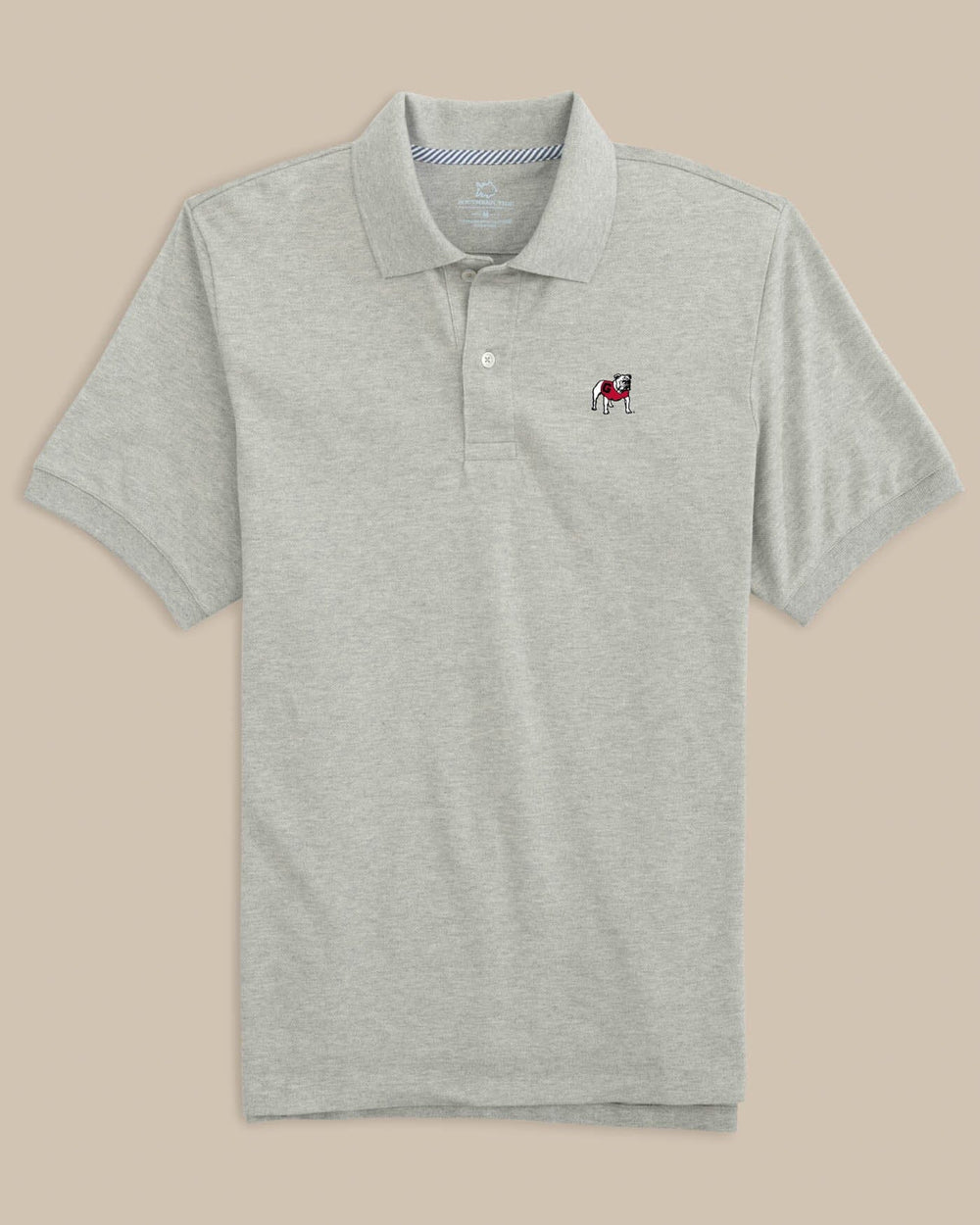 The front view of the Georgia Bulldogs New Short Sleeve Skipjack Polo by Southern Tide - Heather Grey