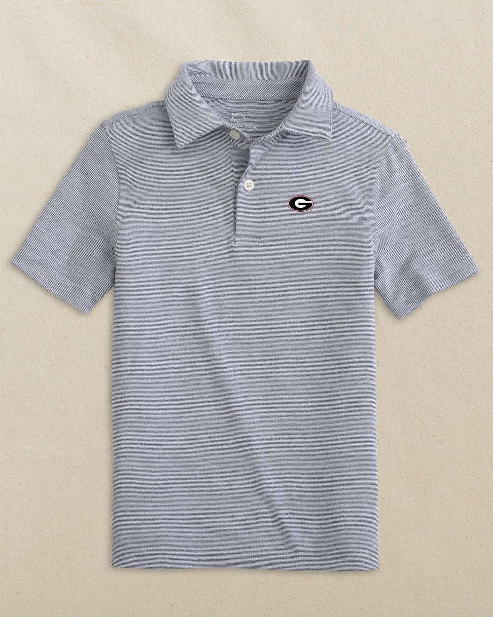 The front view of the Southern Tide Georgia Bulldogs Oval G Boys Driver Spacedye Polo Shirt by Southern Tide - Slate Grey