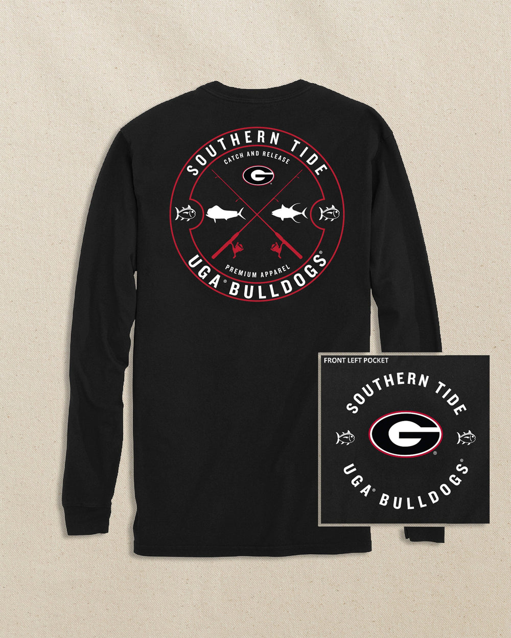 The back view of the Southern Tide Georgia Bulldogs Oval G Catch and Release Long Sleeve T-Shirt by Southern Tide - Black