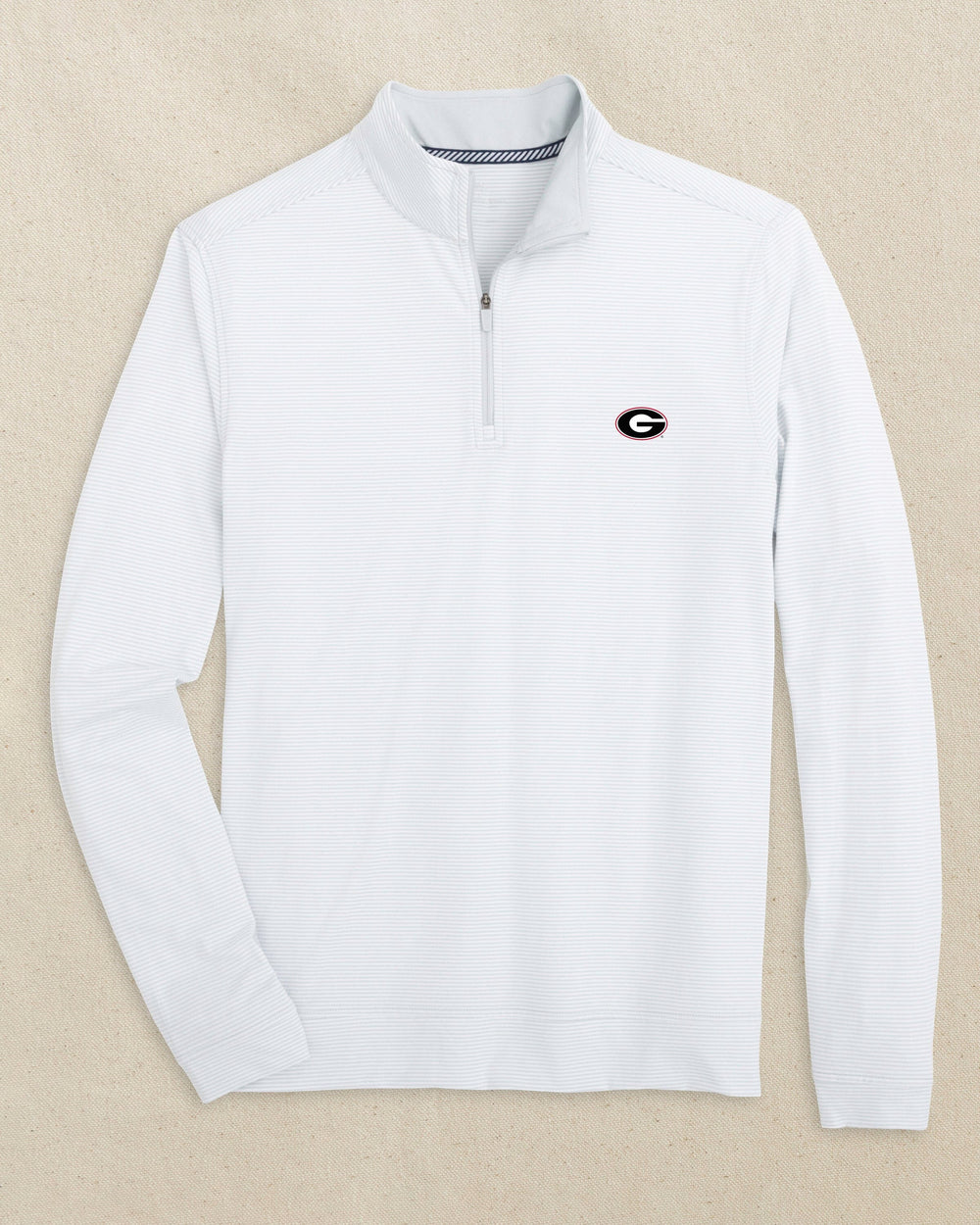 The front view of the Southern Tide Georgia Bulldogs Oval G Cruiser Micro-Stripe Quarter Zip by Southern Tide - Heather Slate Grey