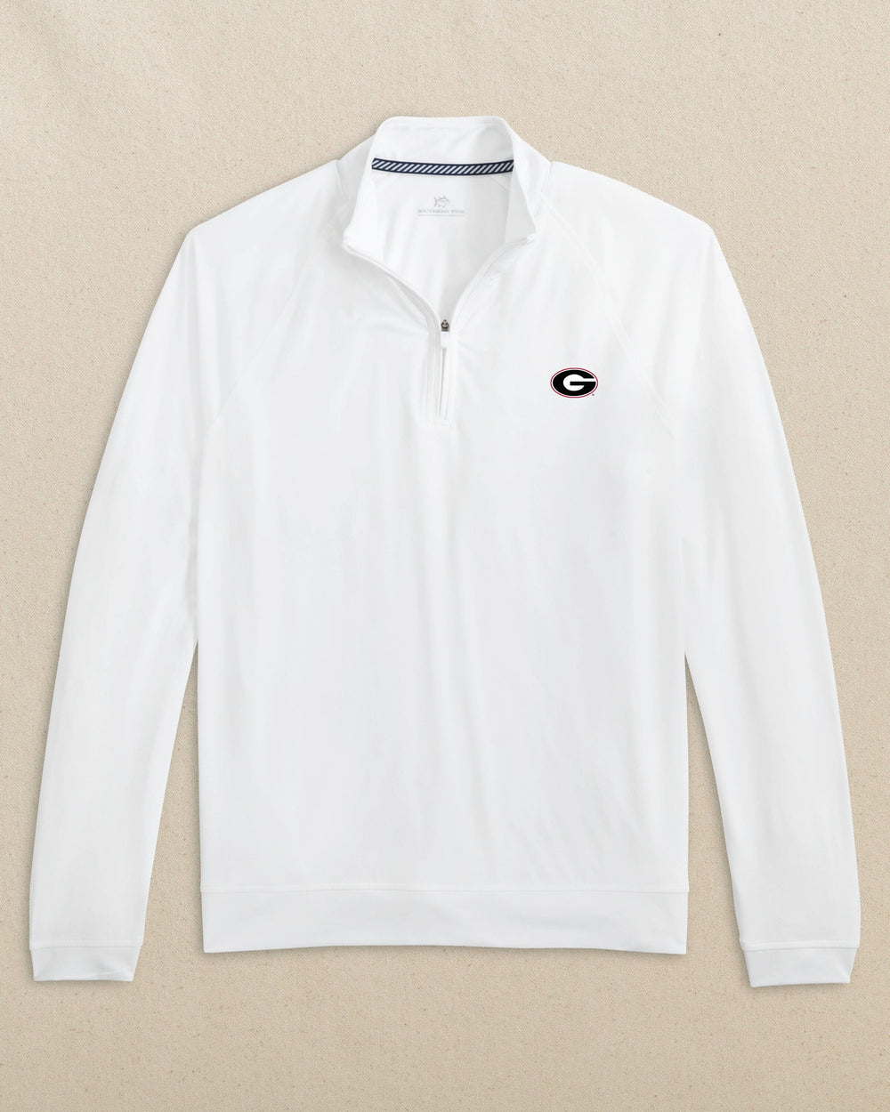 The front view of the Southern Tide Georgia Bulldogs Oval G Cruiser Quarter Zip by Southern Tide - Classic White