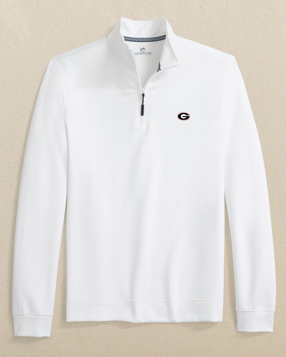 The front view of the Southern Tide Georgia Bulldogs Oval G Schooner Quarter Zip by Southern Tide - Classic White