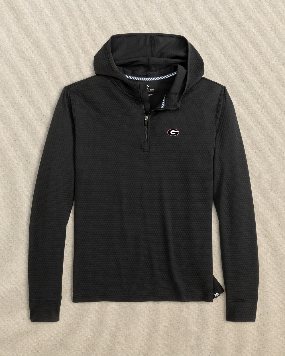 The front view of the Southern Tide Georgia Bulldogs Oval G Scuttle Quarter Zip Hoodie by Southern Tide - Caviar Black
