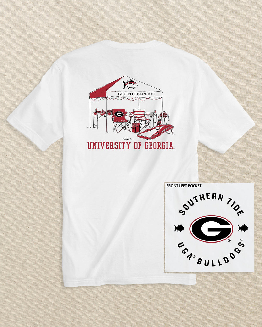 The back view of the Southern Tide Georgia Bulldogs Oval G Tailgate Time T-Shirt by Southern Tide - Classic White