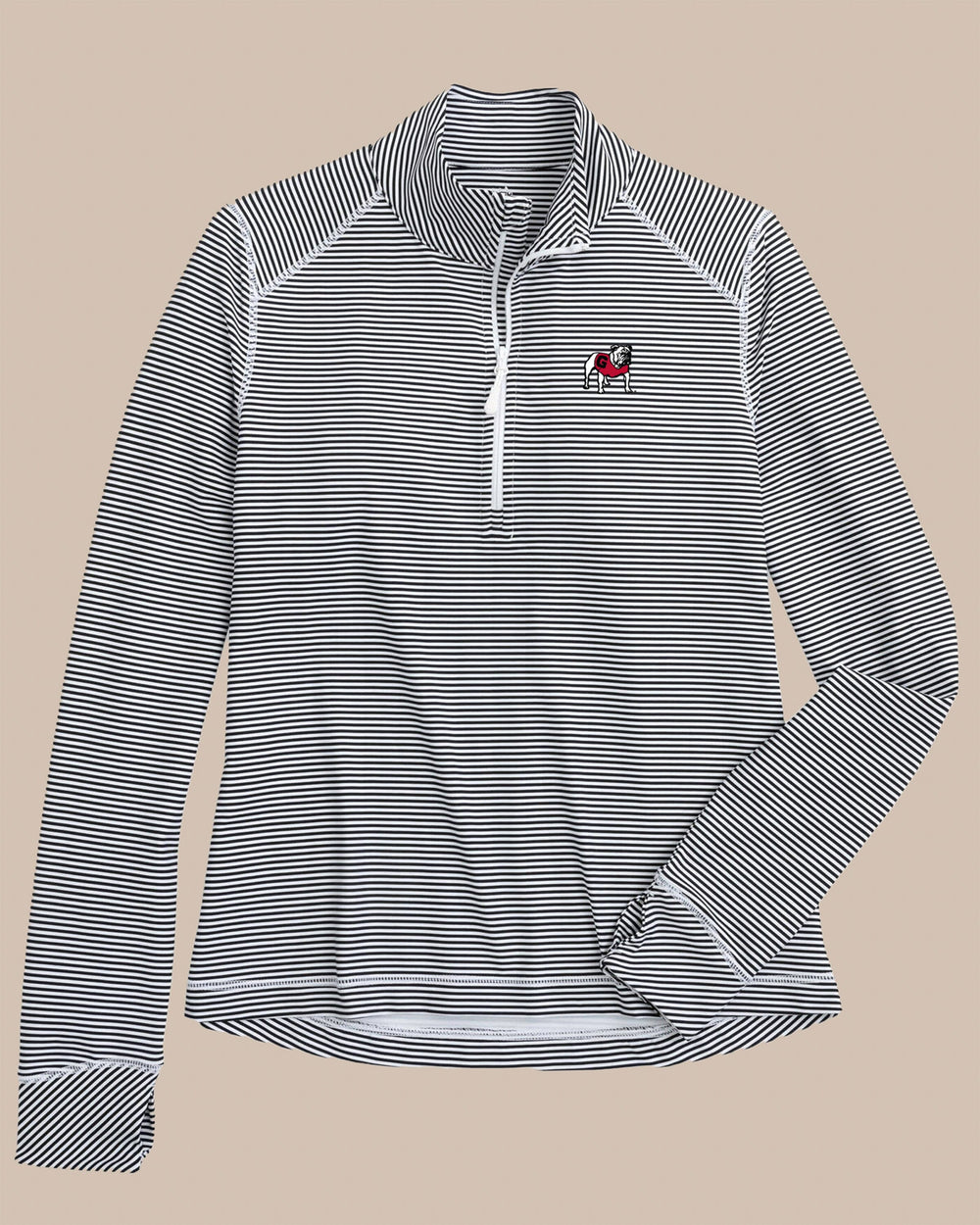 The front view of the Southern Tide Georgia Bulldogs Striped Runaround Quarter Zip by Southern Tide - Black