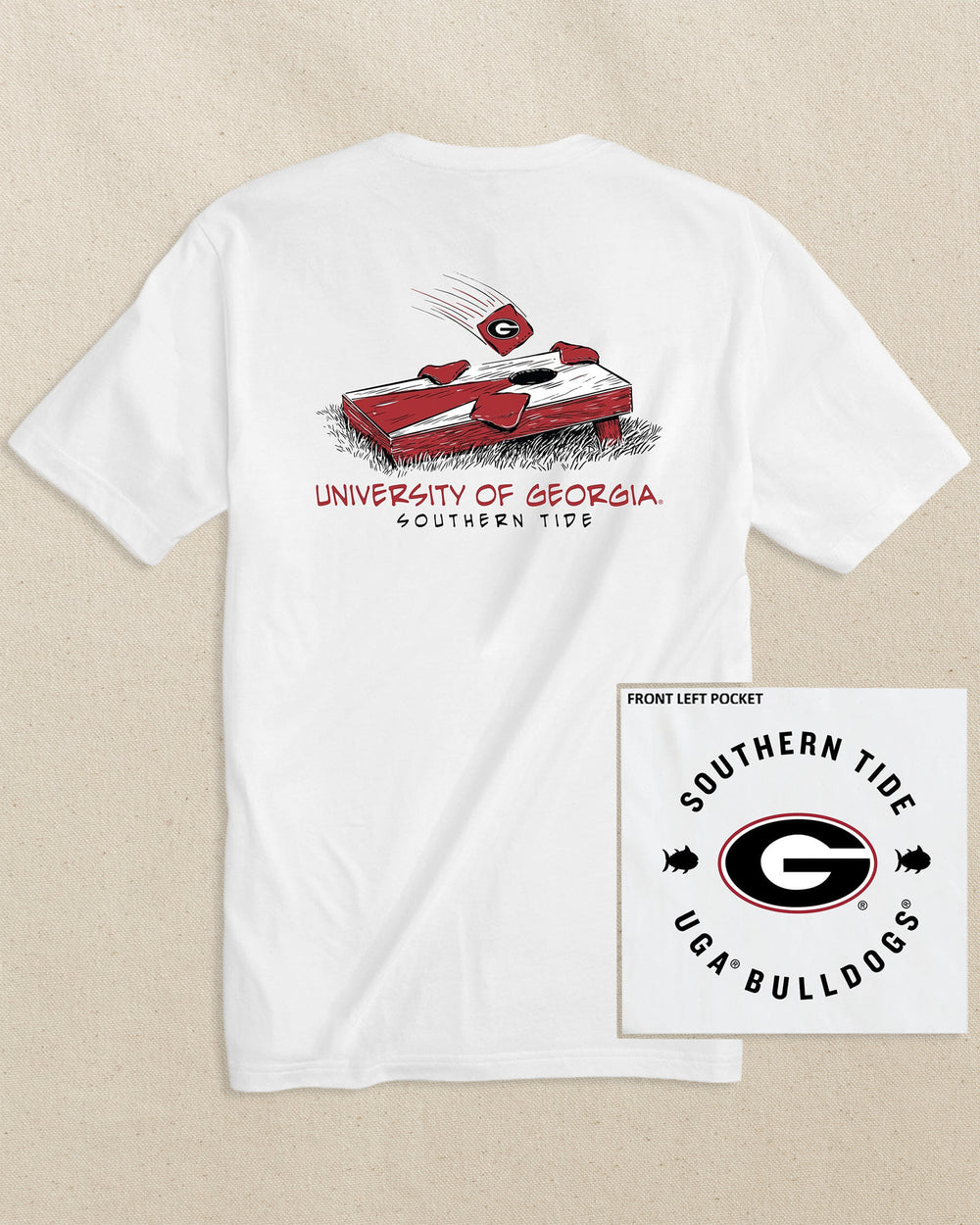 The back view of the Southern Tide Georgia Bulldogs Oval G Cornhole T-Shirt by Southern Tide - Classic White
