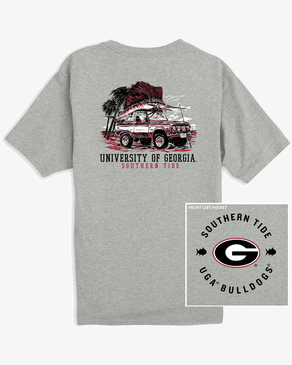 The back view of the Georgia Oval G Bulldogs Trophy Catch Heather T-Shirt by Southern Tide - Heather Grey
