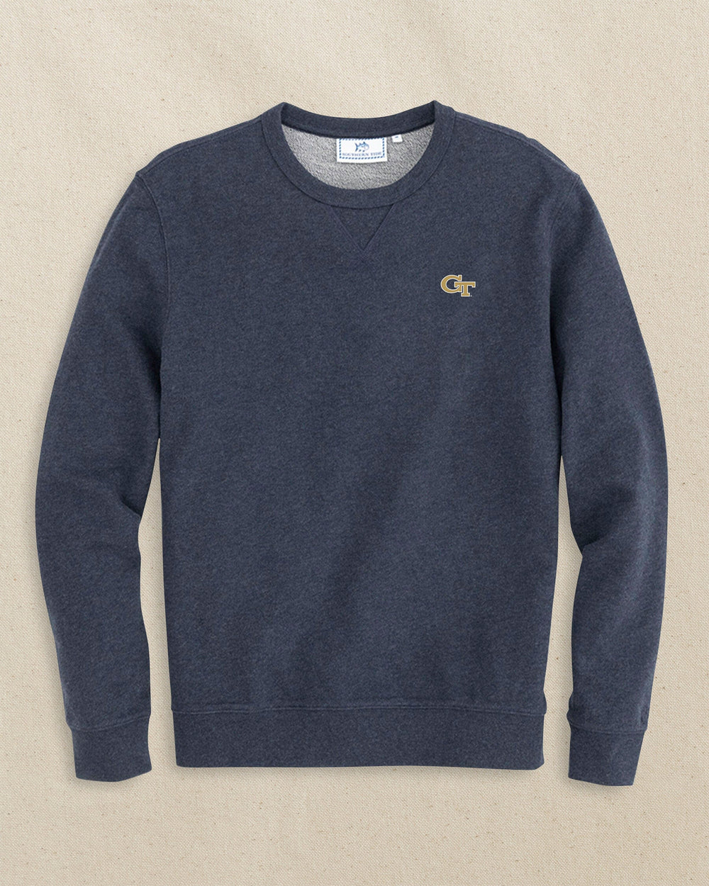 The front view of the Southern Tide Georgia Tech Upper Deck Pullover Sweatshirt by Southern Tide - Heather Navy