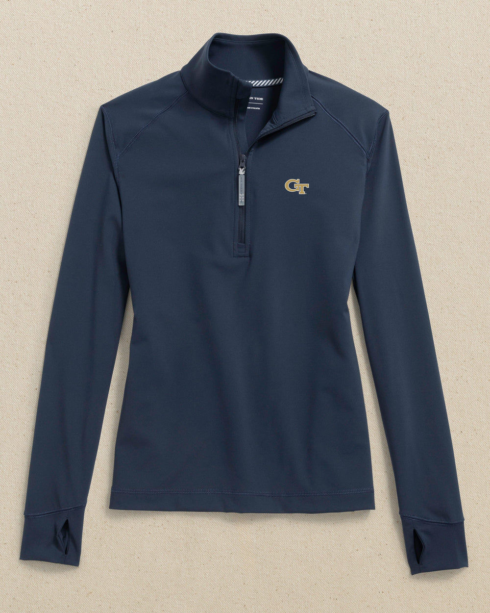 The front view of the Southern Tide Georgia Tech Women's Runaround Quarter Zip by Southern Tide - Dress Blue