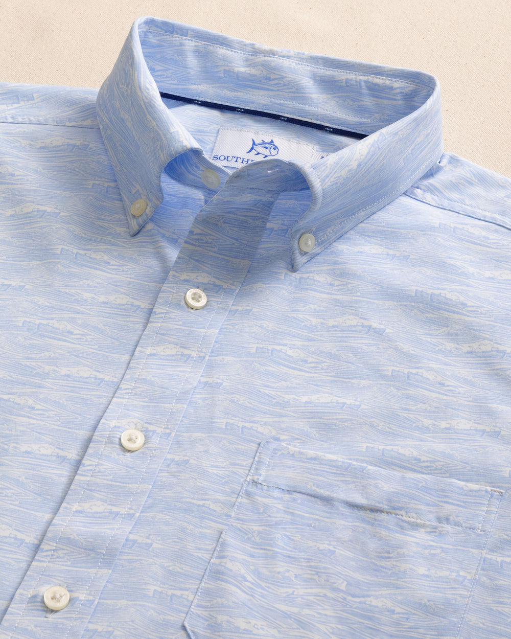 The detail view of the Southern Tide Get In Shipshape Intercoastal Short Sleeve Sport Shirt by Southern Tide - Cerulean