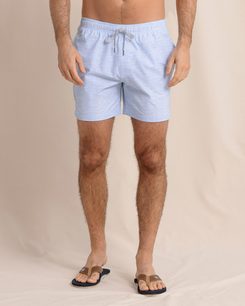 The front view of the Southern Tide Get In Shipshape Swim Trunk by Southern Tide - Cerulean