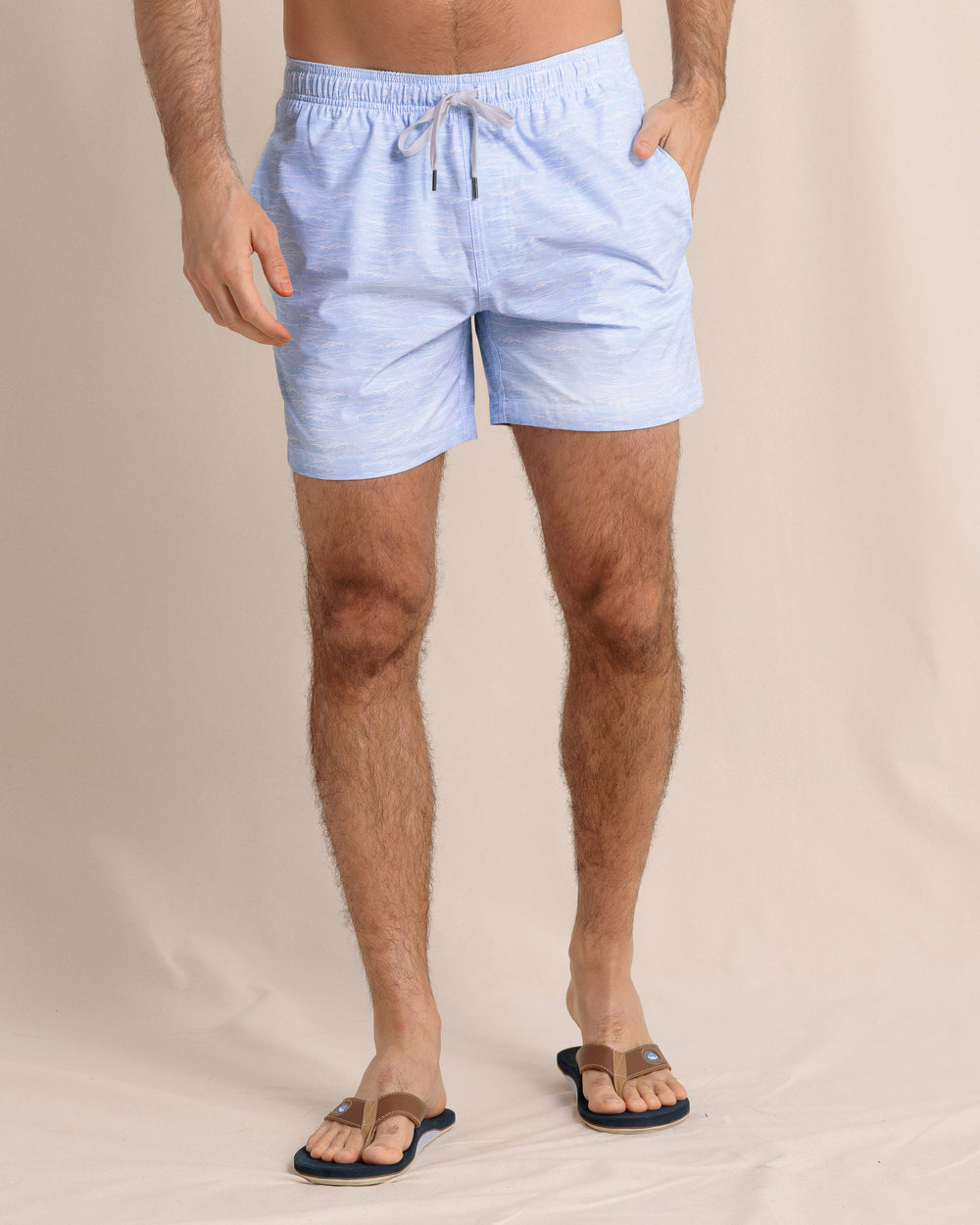 The front view of the Southern Tide Get In Shipshape Swim Trunk by Southern Tide - Cerulean