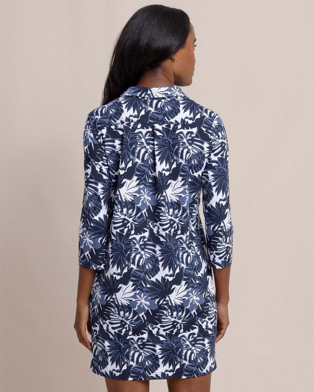 The back view of the Southern Tide Ginny Grand Palms Printed Performance Dress by Southern Tide - Dress Blue