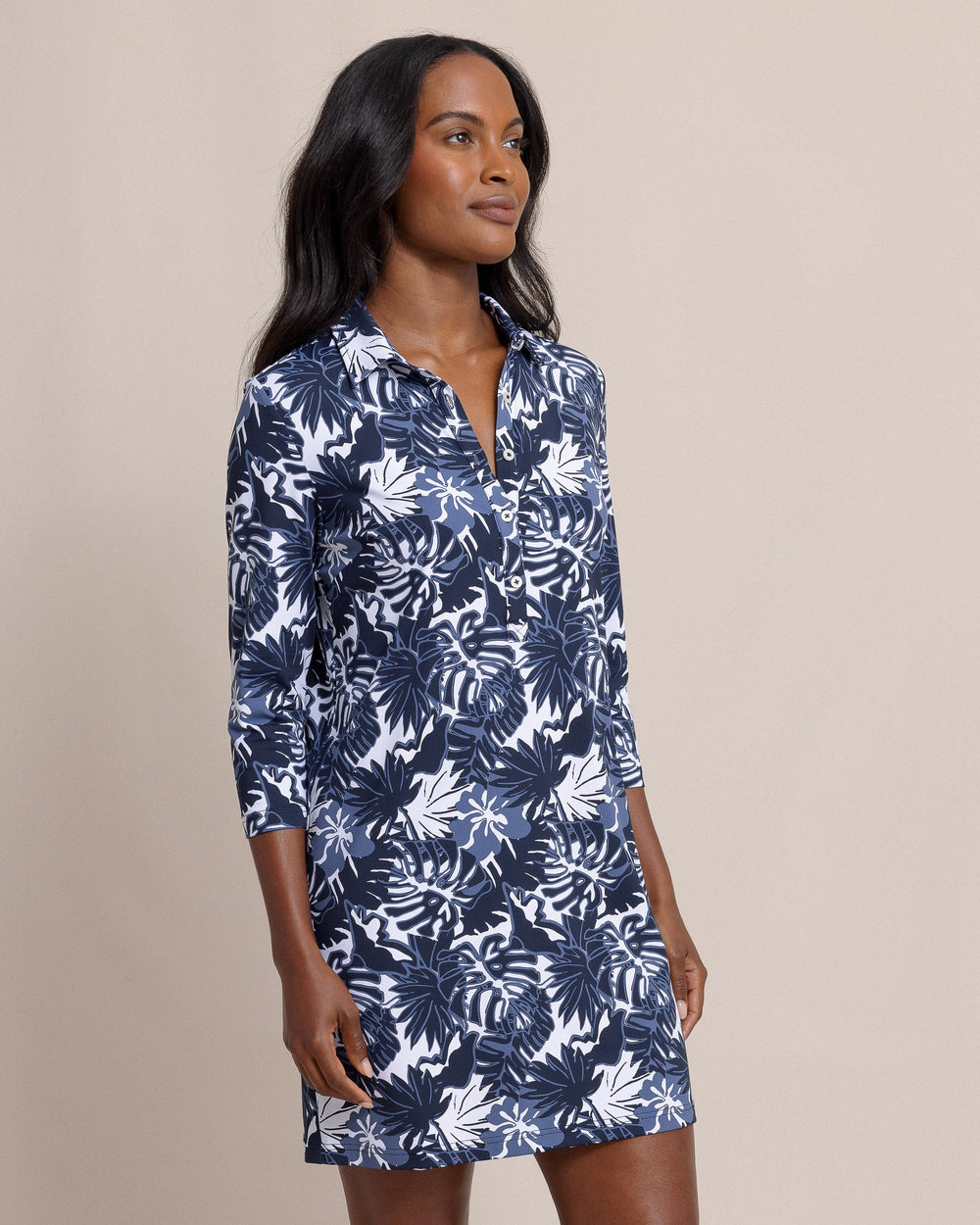 The side view of the Southern Tide Ginny Grand Palms Printed Performance Dress by Southern Tide - Dress Blue