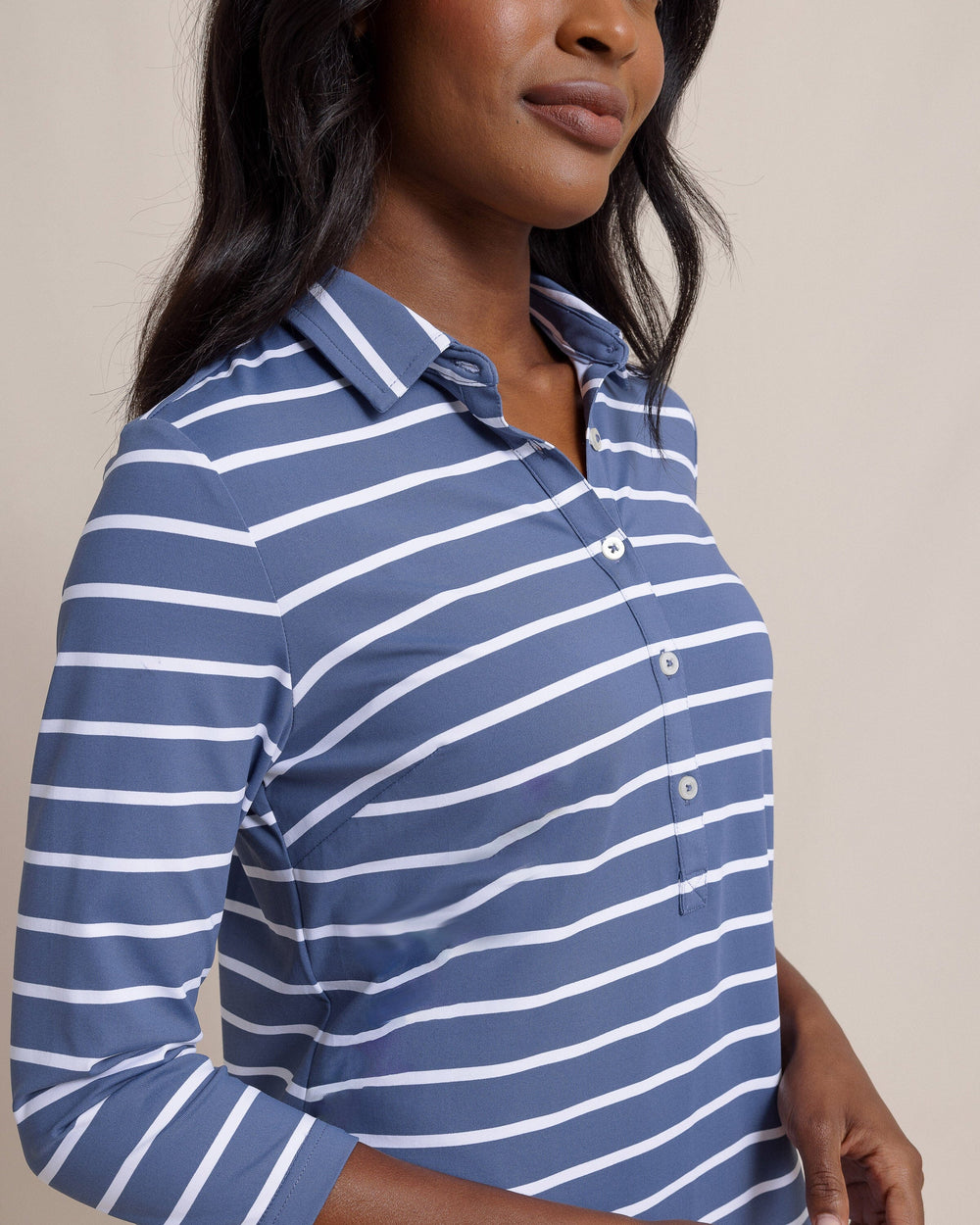 The detail view of the Southern Tide Ginny Stripe Performance Dress by Southern Tide - Light Indigo 