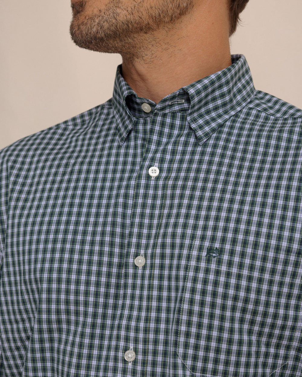 The detail view of the Southern Tide Gordon Tartan Charleston Sport Shirt by Southern Tide - Salt Meadow