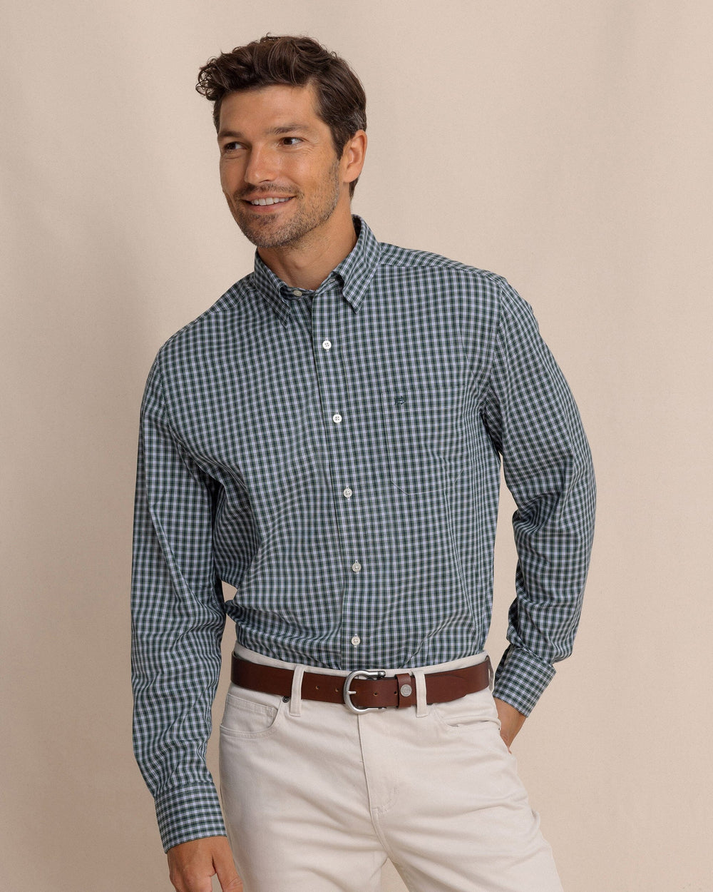 The front view of the Southern Tide Gordon Tartan Charleston Sport Shirt by Southern Tide - Salt Meadow