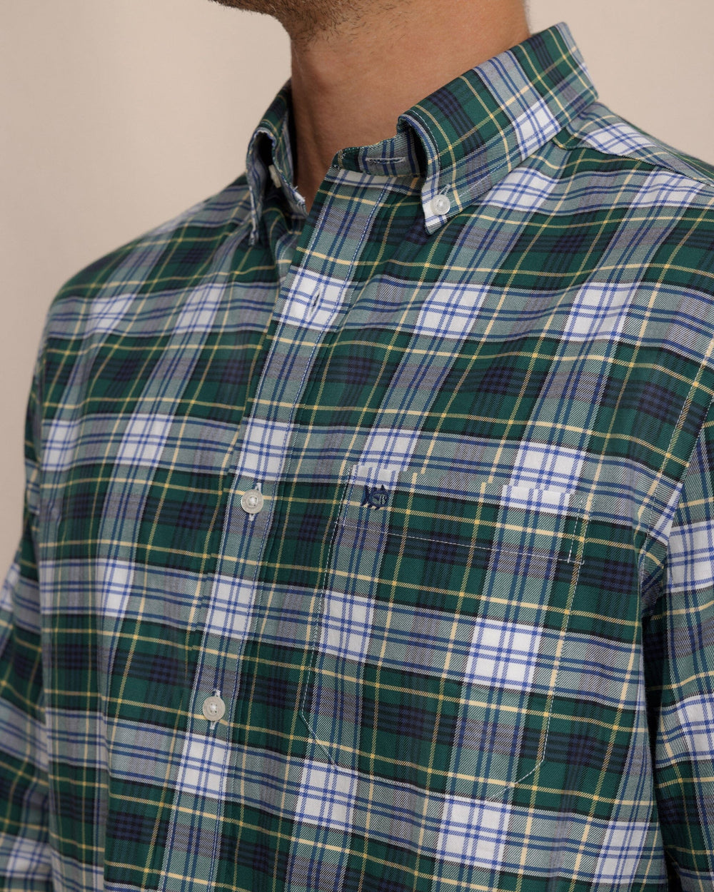 The detail view of the Southern Tide Gordon Tartan Skipjack Sport Shirt by Southern Tide - Salt Meadow