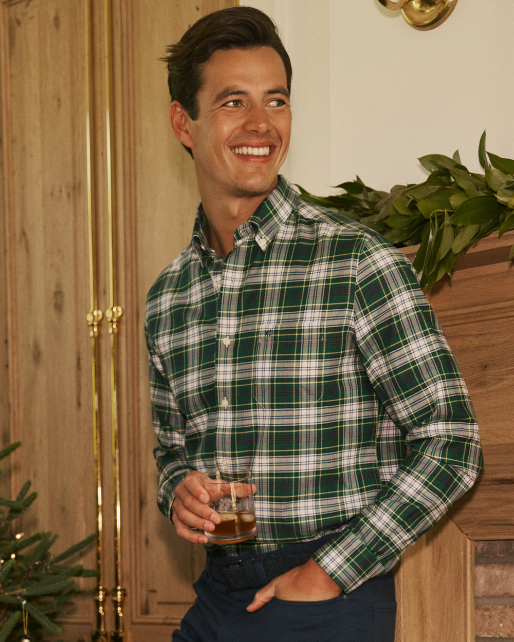 The lifestyle view of the Southern Tide Gordon Tartan Skipjack Sport Shirt by Southern Tide - Salt Meadow