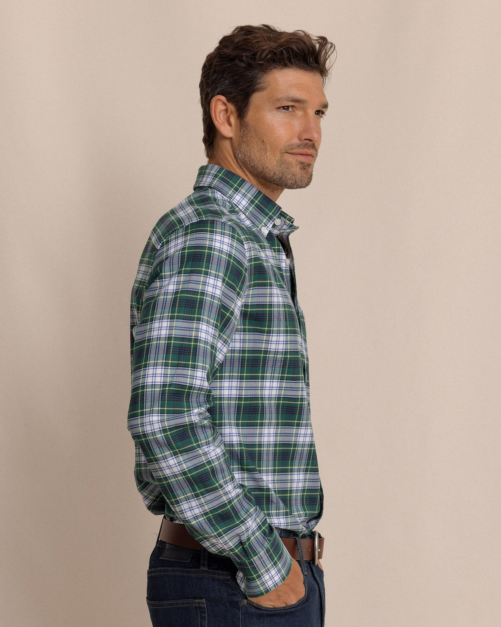 The side view of the Southern Tide Gordon Tartan Skipjack Sport Shirt by Southern Tide - Salt Meadow