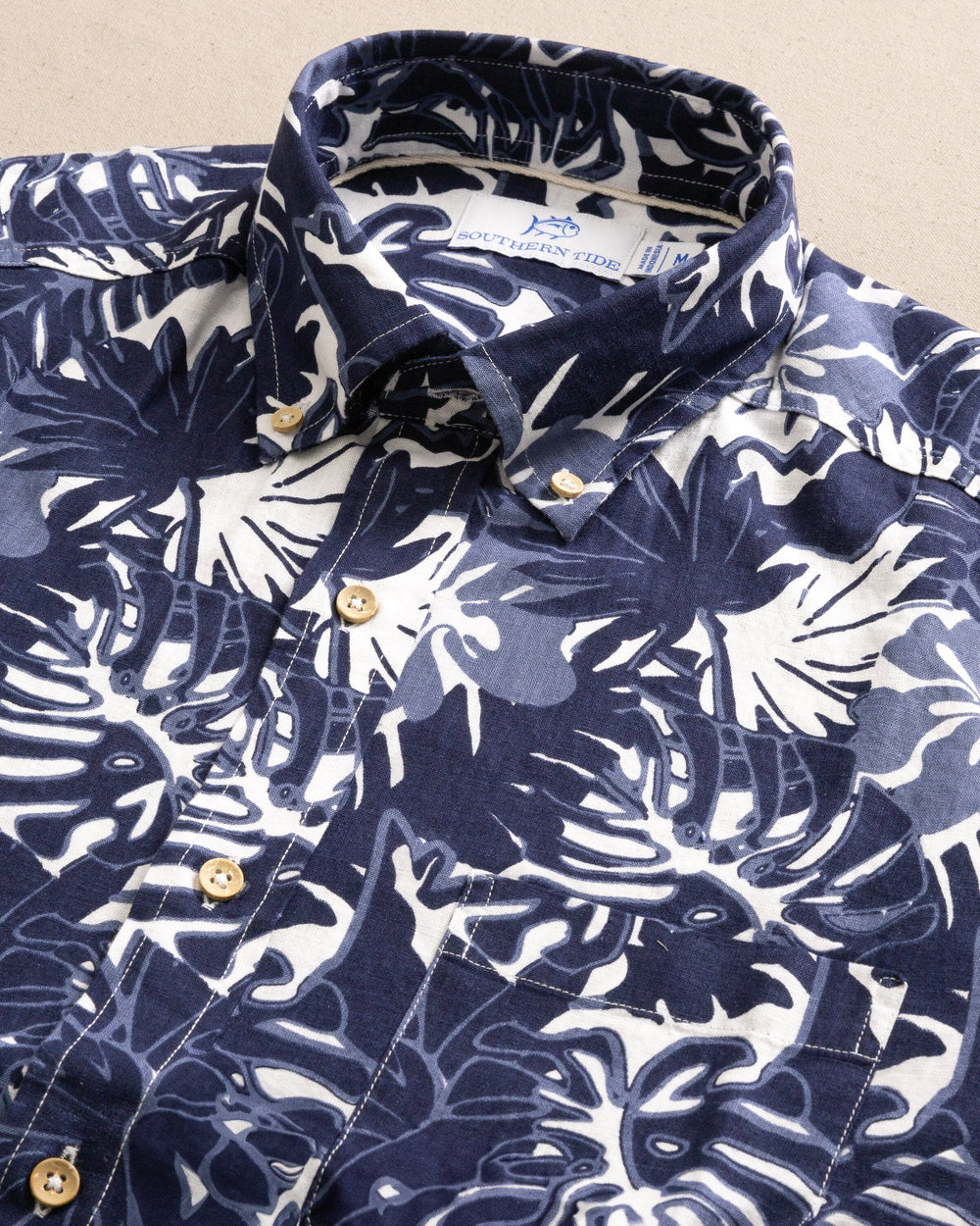 The detail collar view of the Southern Tide Grand Palms Linen Rayon Short Sleeve Sport Shirt by Southern Tide - Dress Blue