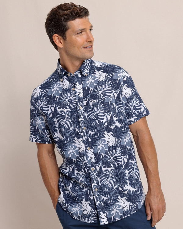 The front view of the Southern Tide Grand Palms Linen Rayon Short Sleeve Sport Shirt by Southern Tide - Dress Blue