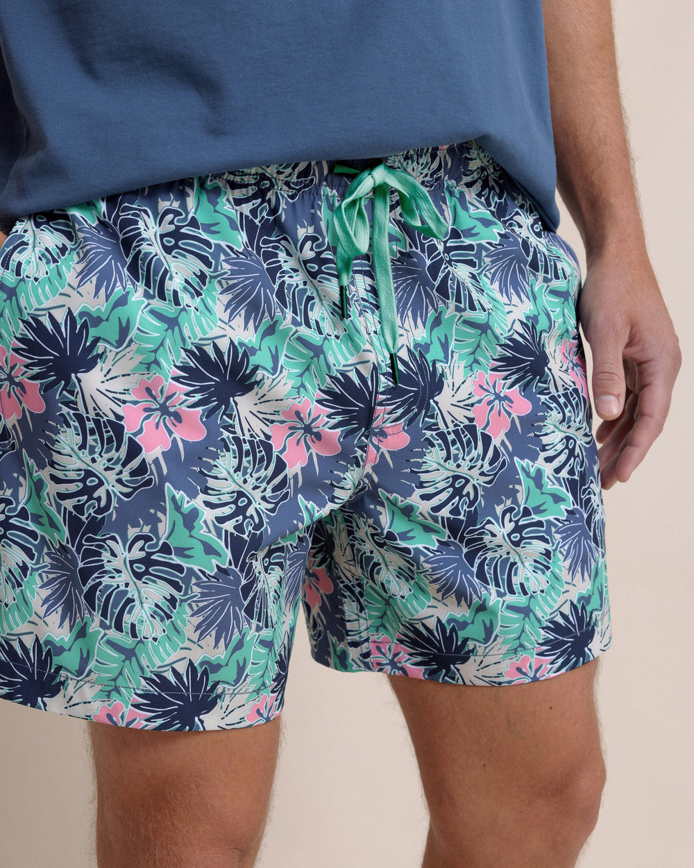 The front detail view of the Southern Tide Grand Palms Swim Trunk by Southern Tide - Simply Green