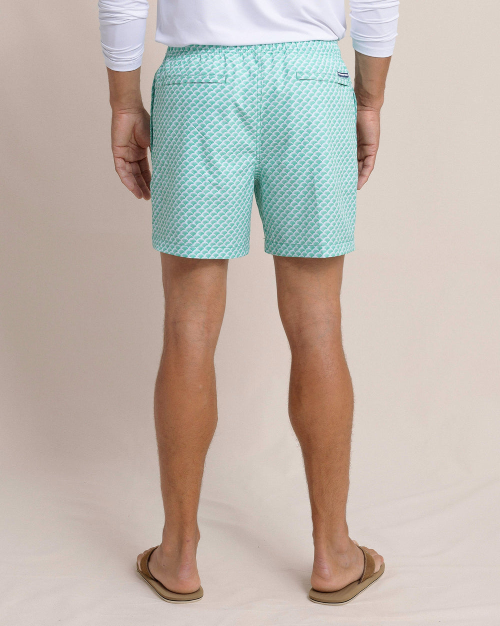 The back view of the Southern Tide Green There Done That Swim Trunk by Southern Tide - Jade Green