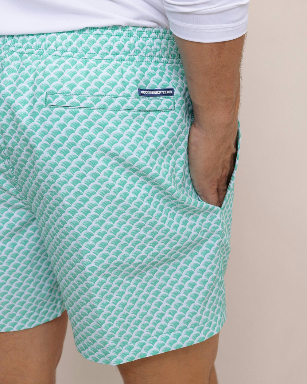 The back detail view of the Southern Tide Green There Done That Swim Trunk by Southern Tide - Jade Green