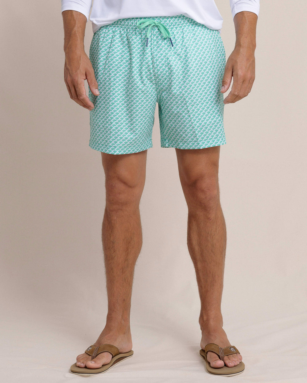 The front view of the Southern Tide Green There Done That Swim Trunk by Southern Tide - Jade Green