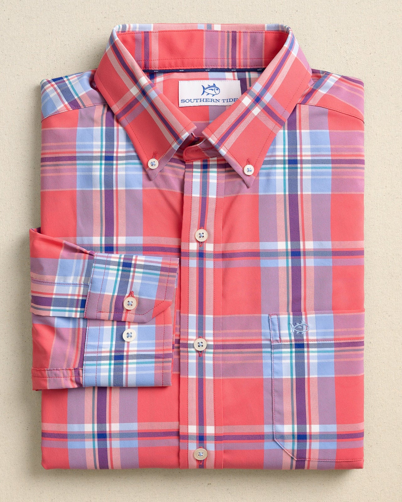The front view of the Southern Tide Greenview Plaid Intercoastal Long Sleeve Sport Shirt by Southern Tide - Snapper