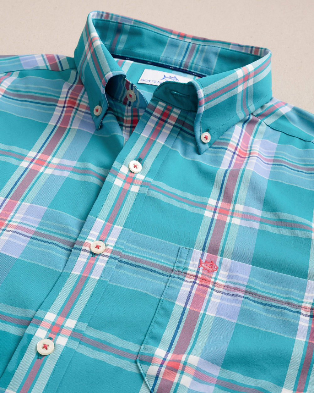 The detail view of the Southern Tide Greenview Plaid Intercoastal Long Sleeve Sport Shirt by Southern Tide - Spruce Shade